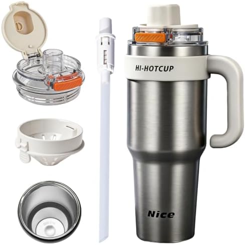 HI-Hotcup-42.58oz Insulated Stainless Steel Travel Mug with Handle, 316/Ceramic Liner Vacuum Tumbler, Leak-Proof Hot Cold Coffee Cup with Straw & Tea Infuser for Car, Outdoor-03 by Unknown