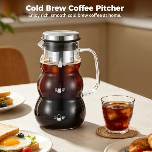 Cold Brew Coffee Maker, 34 oz Heat Resistant Borosilicate Glass Pitcher with Measurement Marks, Iced Coffee Maker with Stainless Steel Filter, Silicone Sealed Lid, 1000 ml Capacity - Image 4