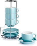 Sweese 4 Ounce Porcelain Stackable Espresso Cups with Saucers and Metal Stand Set of 4, Turquoise by Sweese