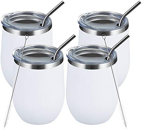 MEWAY 12oz/4 Pack Wine Tumbler Glasses with Lid - Stemless Double Wall Vacuum Stainless Steel Travel Tumbler - Keeping Cold & Hot for Wine,Coffee,Cocktails,Drinks-Family and Gifts (White,Set of 4) by MEWAY