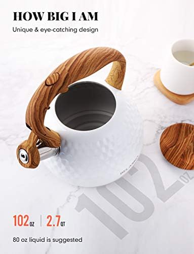 BELANKO 2.7 Quart Tea Kettle for Stovetop - Food Grade Stainless Steel with Diamond Texture, Designer Teapot Look, Cool-Touch Wood Pattern Handle, Whistling Spout - Gloss White - Image 3