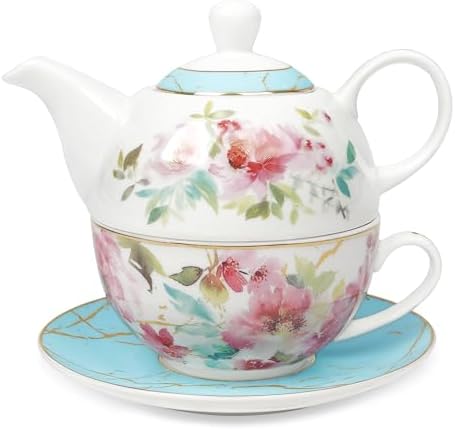 fanquare Pink Floral Teapot, Tea Cup and Saucer Set with Gold Trim, Porcelain Tea for One Tea Set for Gift, Blue by fanquare