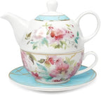 fanquare Pink Floral Teapot, Tea Cup and Saucer Set with Gold Trim, Porcelain Tea for One Tea Set for Gift, Blue by fanquare
