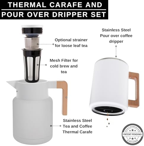 HASTINGS 50 Oz Pour Over Coffee Maker Set with Double Layer Reusable Stainless Steel Filter 8-Cup and Wood Handle - Dual Wall Heat Resistant Drip Coffee Brewer, Pour Over Coffee Dripper Carafe, White - Image 3