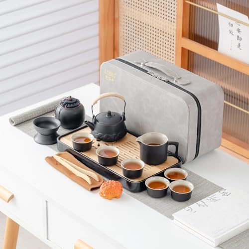 ICHAG Gongfu tea sets,Tea pet,Portable Ceramic TeaSet, Asian Tea sets for adult, Tea Gift sets, Grey leather case, Portable Travel Bag,Home,Gifting,Outdoor and Office - Image 5