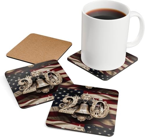 America 250th Cork Coasters Set of 4, Patriotic 4th of July Drink Coasters, USA 250th Anniversary American Flag Liberty Bell Decor, Gift (Gold Liberty, 3.75" x 3.75") - Image 4