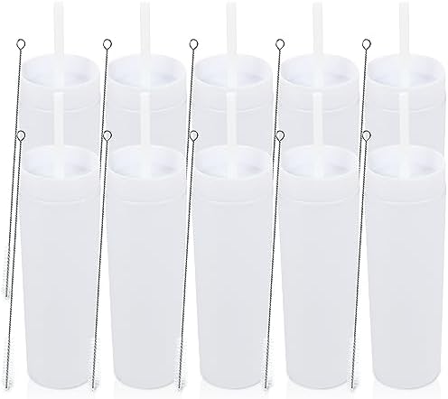 Volhoply 16oz Plastic Skinny Tumbler with Lid and Straw Bulk 10 Pack,Insulated Double Wall BPA Free Matte Acrylic Tumblers,Iced Coffee Travel Reusable Party Cup,Customizable Diy Gifts(White,10 Set) by LiveFully%EF%BC%8CDrinkFreely%E2%80%94KeepGoingwithVolhoply%EF%BC%81