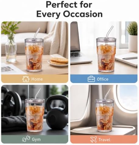 16oz/470ml Ribbed Glass Iced Coffee Tumbler with Lid and Straw, Thick-walled Clear Drinking Glass Cups for Cold Brew, Matcha, Smoothies, Leak-Resistant BPA-Free Travel Mug-4pack - Image 4