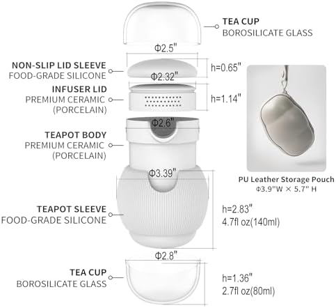 All-in-One Portable Travel Tea Kit, Ceramic Teapot with Removable Infuser, 2 High Borosilicate Glass Tea Cups, Non-Slip Silicone Sleeve & PU Leather Carry Pouch for Camping, Hiking, Office - Image 2
