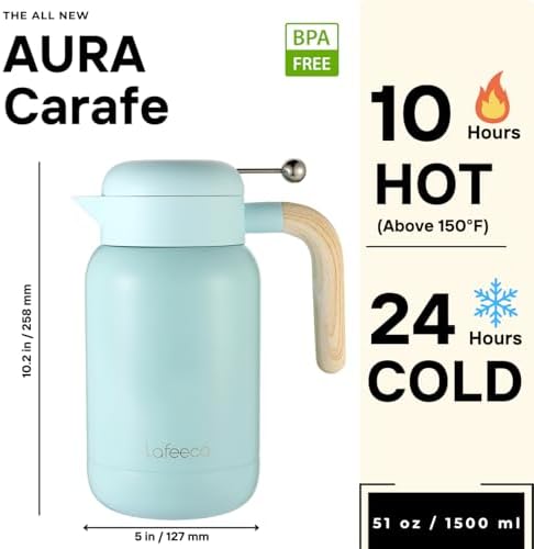 Aura Thermal Coffee Carafe - Vacuum Insulated Stainless Steel Tea Pot & Water Pitcher, Keeps Drinks Hot or Cold, BPA-Free, Beverage Dispenser - 51 oz Blue - Image 2