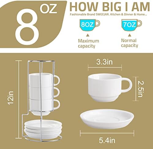Sweejar Porcelain Cappuccino Cups with Saucers and Metal Stand, 8 Ounce Stackable Espresso Cups for Specialty Coffee Drinks, Latte, Americano, Tea - Set of 4 (Navy) - Image 3