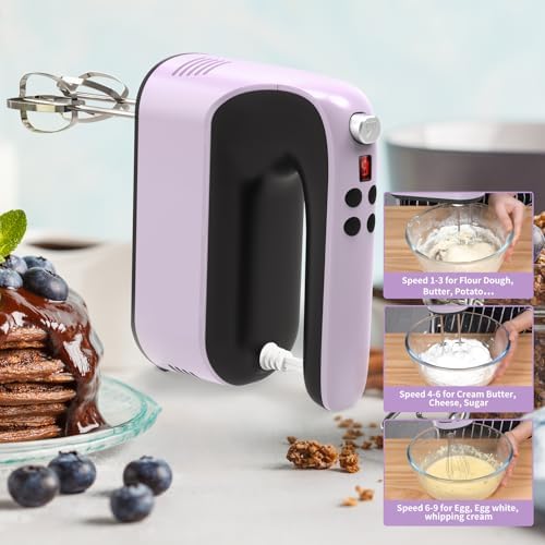 Yomelo 9-Speed Digital Hand Mixer Electric, 400W Powerful DC Motor, Hand Mixer Electric Handheld with Snap-On Storage Case, 5 Stainless Steel Accessories, Beaters, Dough Hooks, Whisk(Purple/Black) - Image 7