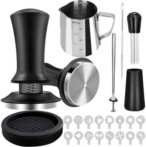 53mm Coffee Espresso Tamper Set, 22PCS Espresso Machine Accessories with Espresso Tamper, WDT Tool, Coffee Stirrer, Frothing Pitcher, Latte Art Pen, Tamper Mat, Coffee Stencils for Espresso Machine by Yeelan