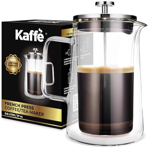 Kaffe Glass French Press Coffee Maker (27oz / 0.8L) - Double-Wall Insulated Borosilicate Glass Coffee Press - Travel & Camping - Homemade French Press Coffee by Kaffe