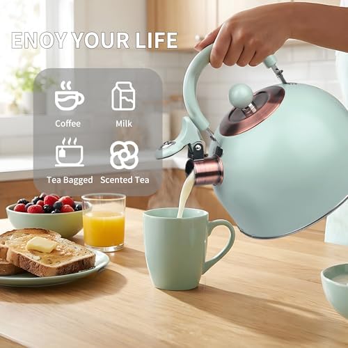 2.6 Quart Mint Green Whistling Tea Kettle, tea pot, Stainless Steel, Cool-Touch Handle, Loud Whistle, 7.48-inch Base, Induction Compatible - Image 6