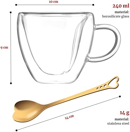 Heart Shaped Cup - Double Walled Insulated Glass Coffee Mug or Tea Cup - Double Wall Glass 8oz (240ml) - Clear - Unique & Insulated with Handle - With Teaspoon - Image 6