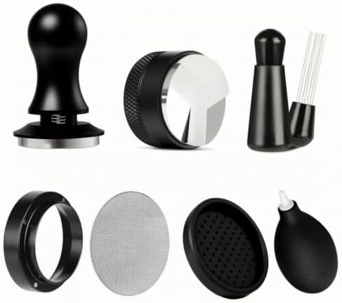 Yajuyi 7 Pieces Coffee Machine Tamper Espresso Tamper Distributor Leveler Mesh Screen Air Blower Small Brush Stainless Steel, Round Head Scale Powder Tamper 7-Piece Set, 51mm by Yajuyi