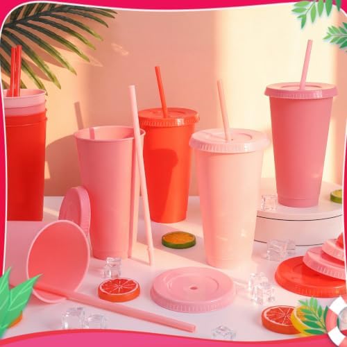 24 Pack Plastic Tumblers with Lids and Straws, Reusable Cups with Lids Plastic Colorful Cups for Parties Birthdays, Iced Coffee Cup Cold Drink Cups Bulk Tumbler (24 oz, Gradient Red and Pink Colors) - Image 3