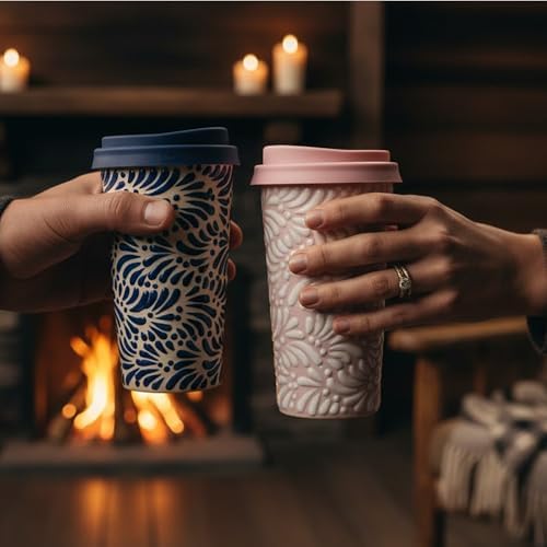 Handcrafted Talavera Ceramic Travel Mug with Silicone Lid, 16 oz, 6.5 Inch Tall, Mexican Embossed Pottery Coffee Tumbler – Artisan Texture & Relief Design (Mexican Rose Petal) - Image 6