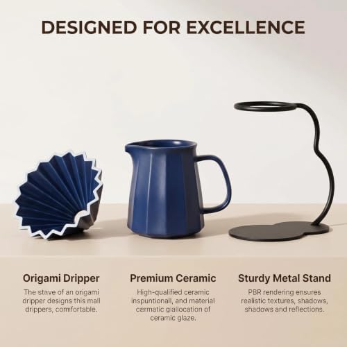 Pour Over Coffee Maker set,Ceramic Coffee Maker With V60 40 pcs Paper Filter，Metal Stand Pour Over Coffee Dripper navy blue - Image 2