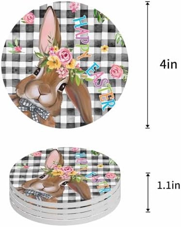Coaster for Drinks 4 Pack,Happy Easter Watercolor Floral Bunny Absorbent Round Ceramic Stone with Cork Base,Spring Leaves on Black Plaid Drink Coaster Cup Mats for Home Dining Coffee Tables - Image 4