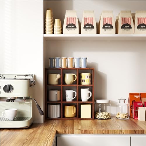Helsin 9 Grid Vintage Coffee Mug Display Rack, 16inch Wall Mounted Wooden Curio Shadow Box Shelf, Cup Floating Shelves Display and Organizer (Bronze) - Image 2