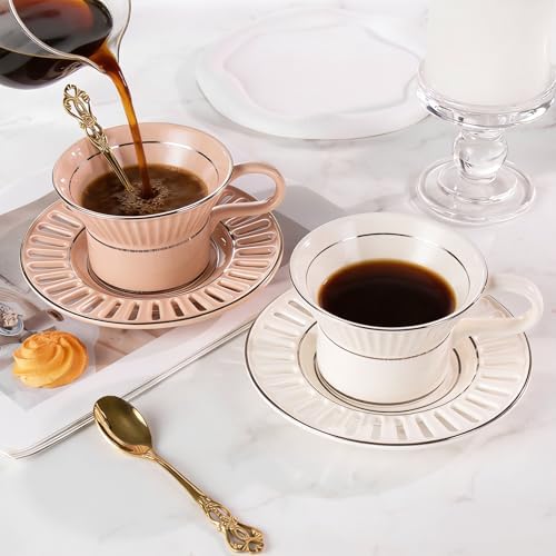 Tea Cups and Saucers Set of 2, 6.7oz Stackable Porcelain Coffee Cup, YFH8+9 - Image 3
