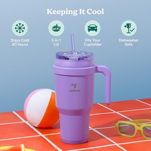 Reduce 40 oz Stainless Steel Tumbler with Handle - Dual-Wall Vacuum Insulated Travel Mug, Sweat-Proof Lid & Reusable Straw - Keeps Drinks Cold for 24 Hrs, Fits Cupholders, Dishwasher Safe-Purple Punch - Image 2