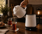 B Unique Electric Turkish Samovar, 1.8L Stainless Steel Kettle with Porcelain Teapot, Keep Warm Function, Removable Filter, Cordless Base, Digital Display - Image 5