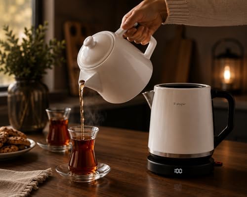 B Unique Electric Turkish Samovar, 1.8L Stainless Steel Kettle with Porcelain Teapot, Keep Warm Function, Removable Filter, Cordless Base, Digital Display - Image 5