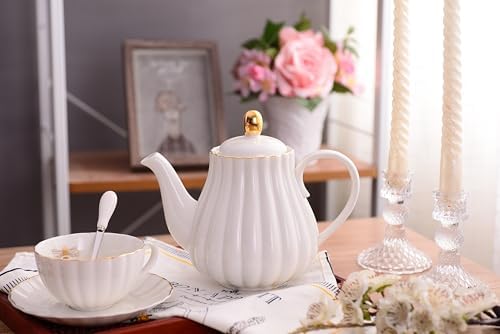 Jusalpha Fine China Pink Teapot and Creamer Sugar Bowl Set, TW (White) - Image 4