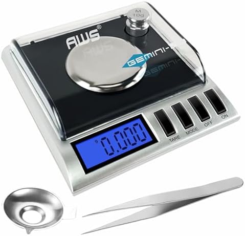 AWS Gemini-20 Milligram Scale 20g x 0.001g–Digital Jewelry/Lab Scale for Powder, Gold, Gems – Includes Calibration Weights, Tweezers & Tray–Tare, Cal, 6 Units (Gemini - 20 - Black) by AmericanWeighScales