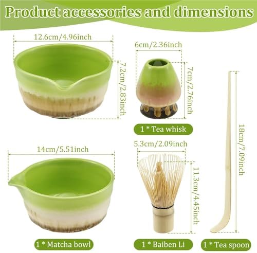 Ceramic matcha agitator, Matcha Whisk and Bowl Tea Set 4 Pcs Elegant Making Kit Includes with Mouth Holder Green - Image 2