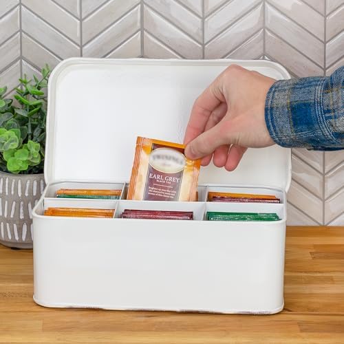 AuldHome Design Farmhouse Tea Bag Box (White), Vintage Retro Style Enamelware Tea Storage Tin - Image 2