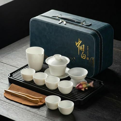 Portable Gongfu Tea Set with Color-Changing Tea Pet, 14-Piece Complete Tea Ceremony Kit for Home, Office, Travel & Camping, Porcelain Teapot, 6 Cups & Travel Bag, Ideal Gift (WHITE TEA SET) by ICHAG
