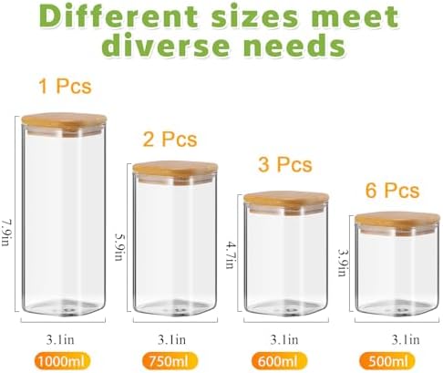 Qinyoung 24 Pcs Glass Storage Jars Square Round Food Storage Containers with Airtight Bamboo Lids Glass Canisters Pantry Jars Seasoning Organizer for Kitchen Spice Flour Cookie Coffee Beans Pasta - Image 3