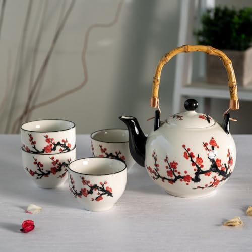 Japanese Cherry Blossom Design Ceramic Tea Set 30 fl oz Teapot and 4 Cups with Stainless Steel Tea Infuser Bamboo Handle - Image 3
