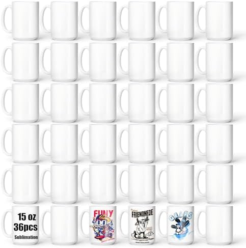 CHLJAR 36 Pack Sublimation Mugs, 15oz Sublimation Coffee Mugs Blank Bulk, White Porcelain Cups with Handle, DIY Ceramic Coffee Mug Set for Milk Tea Juice by Unknown