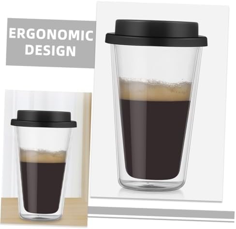 KICHOUSE Glass Coffee Mug with Silicone Lid 350ml Black Double Wall - Image 4