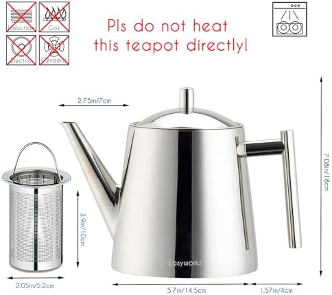Easyworkz Stainless Steel Double Wall 34 oz Tea Pot with Removable Tea Infuser, Perfect for Brewing Your Favorite Tea, Chrome - Image 2