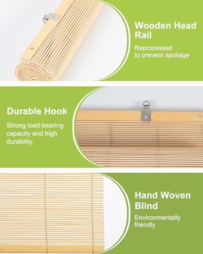 32" W x 72" H Cordless Bamboo Roller Shades for Interior, Natural - Image 6