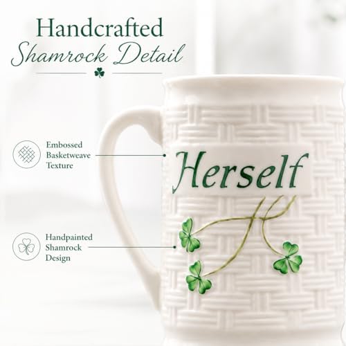 Belleek Classic Himself & Herself 12 oz Irish Coffee Mug Set, Handcrafted Parian China Cups, Shamrock Design, Set of 2, White - Image 3