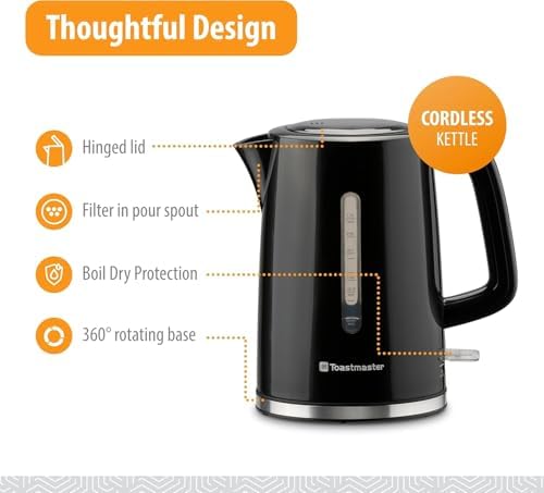Toastmaster Electric Kettle by Select Brands - Cordless Electric Water Boiler for Coffee, Tea & More - Use This Electric Tea Kettle in Your Kitchen or Dorm - 1.7 Liters, Black - Image 3
