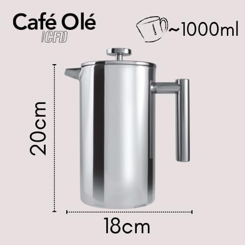 Grunwerg Caf茅 Ole 8 Cup Double Walled Straight Sided Cafetiere Coffee Maker, Mirror, 1000 ml/1 Litre - Image 6