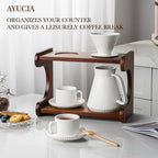 Pour Over Coffee Maker Set, 22OZ Ceramic Pour Over Coffee Dripper with Acacia Wood Stand and 5OZ Cups and Saucers Set of 2, Size 02 - Image 3