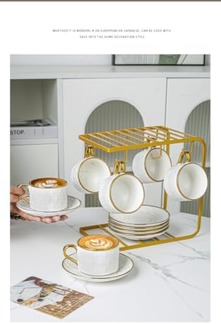 Nineteen-piece coffee set, including six porcelain coffee cups, one metal rack, six spoons, and six ceramic saucers, with hand-painted relief design, for lattes, mocha coffee, cappuccino, and tea - Image 4