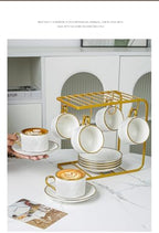Nineteen-piece coffee set, including six porcelain coffee cups, one metal rack, six spoons, and six ceramic saucers, with hand-painted relief design, for lattes, mocha coffee, cappuccino, and tea - Image 4