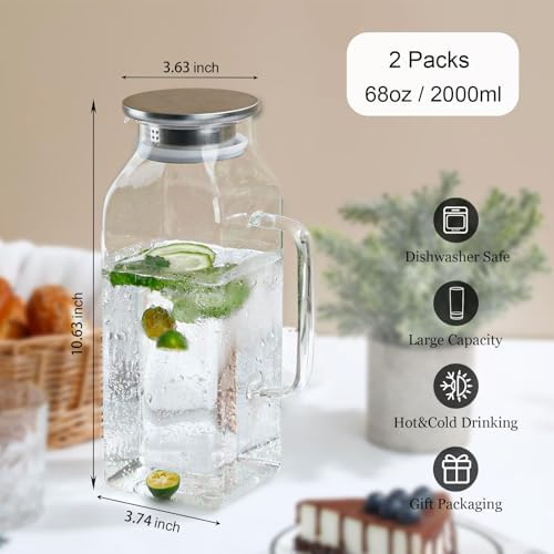 2 Pack 2L/68oz Square Glass Pitchers with Handle and Lid, Borosilicate Jug - Image 3