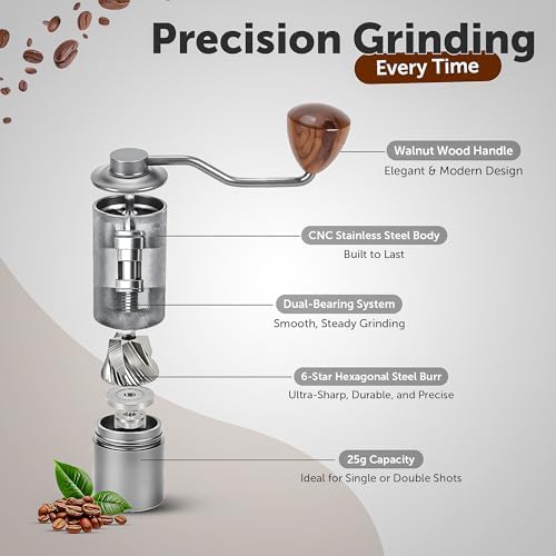 5 in 1 Manual Stainless Steel Coffee Grinder - Espresso Grinder, Manual Coffee Grinder, Coffee Grinder, Conical Coffee Burr Grinder with Double Bearing, Steel Body - Image 2