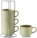 HASENSE Ceramic Coffee Mugs Set of 4 with Rack - 15 oz Stackable Large Porcelain Ribbed Latte Cup Set for Cappuccino, Tea, Hot Cocoa, Drinks - Dishwasher & Microwave Safe, Sage Green by Hasense